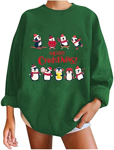 Божиќни џемпери за жени смешни симпатични слатки пингвин печати долг ракав пулвер трендовски пад преголем џемпери на екипажот на екипажот