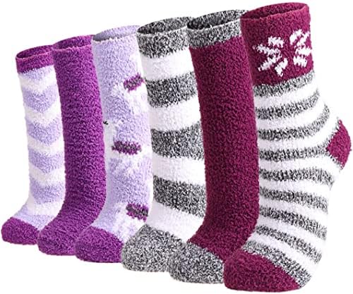 Плишани Чорапи Со Влечки Жени-Шарени Топли Нејасни Чорапи На Екипажот Пријатни Меки 3 до 6 Пара За Зимски Затворен Простор