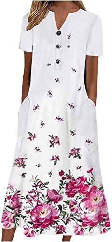 Фустани за жени 2023 секси, женско копче за облекување цветно џеб краток ракав против вратот лесен лабав фустан