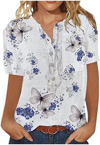 2023 летни врвови за жени кошули со постелнина на вратот на вратот, облечени обични торбички на блузи со блузи, до цветно лабава лабава хавајска кошула