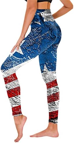 4 -ти јули високи хеланки за половината за жени Американско знаме што трчаат по јога хеланки Ултра мека четкана еластична панталона за тренингот со џогер