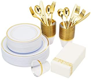 350 Парчиња Златен Пластичен Прибор За Јадење За Еднократна Употреба За Забава И Свадба 50 Гости Вклучуваат 50 Пластични Чинии За Вечера Со Златен