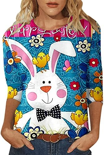 Велигденска кошула за зајаче за жени 3/4 кошули за ракави за жени слатки врвови за печатење околу вратот лабава пулвер маички кошули