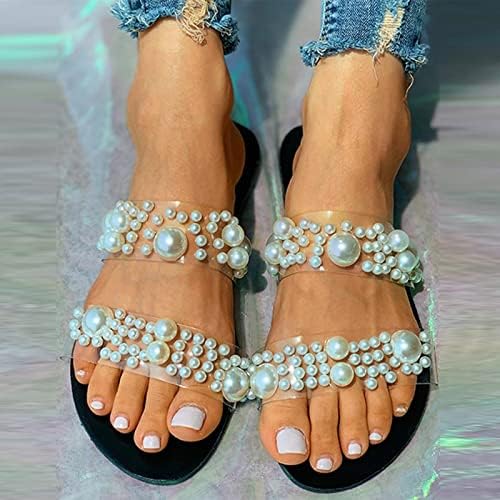 Женски слајдови летни обични кружни пети бисери удобни рамни сандали дами трендовски чевли за плажа влечки