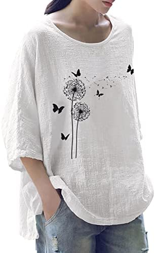 Секси блуза за жени плус големина жени летни врвови печати памук мешавина од околу вратот три четвртина ракав чипка на врвови