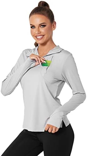Коорун женски UPF 50+ кошули за пешачење со долг ракав 1/4 поштенски худи Сонце за заштита на сонцето на отворено трчање голф со џеб на градите