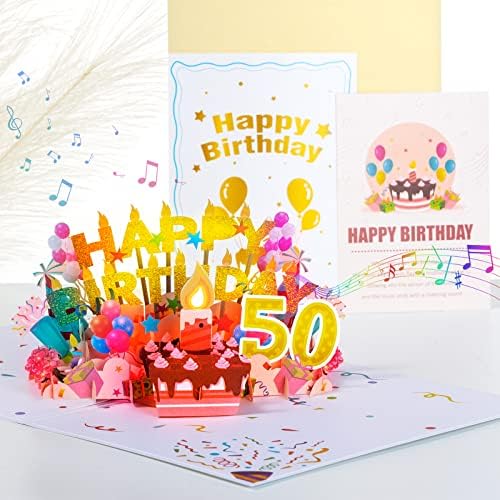 50-Ти Музички Роденден Картичка Со Светлина &засилувач; Дува Свеќа, Скокачки Роденден Картичка за 50 Години Машки Женски, Аплауз