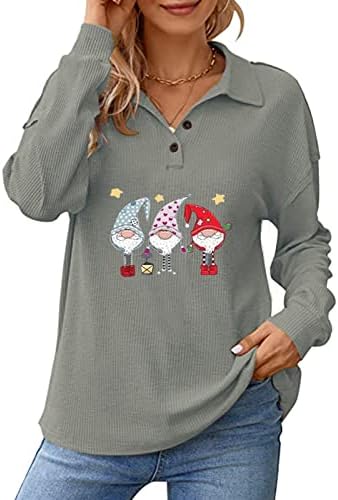 Среќни Божиќни женски женски обични полу-копче пуловер со долги ракави џемпери лапел со трендовски девојки паѓаат y2k облека
