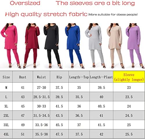 Плус големина на две парчиња облека за жени џогер поставува врвови со долги ракави, панталони со цврста боја, цврсти сетови за ладење