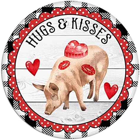 Тркалезни метални знаци на венец на Денот на вineубените прегратки и бакнежи фарма свињи дрво жито карирано калај знак свадба виси вознемирени