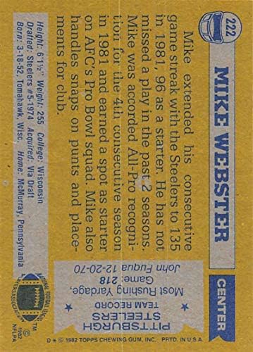 1982 година Фудбал Топс 222 Мајк Вебстер Питсбург Стилерс