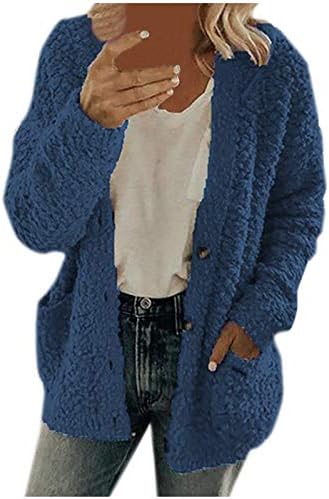 Зимски палта на Xiloccer за жени плус големина нејасна руно јакна со долг ракав отворен предниот кардигански лаптол копче надолу топла надворешна облека