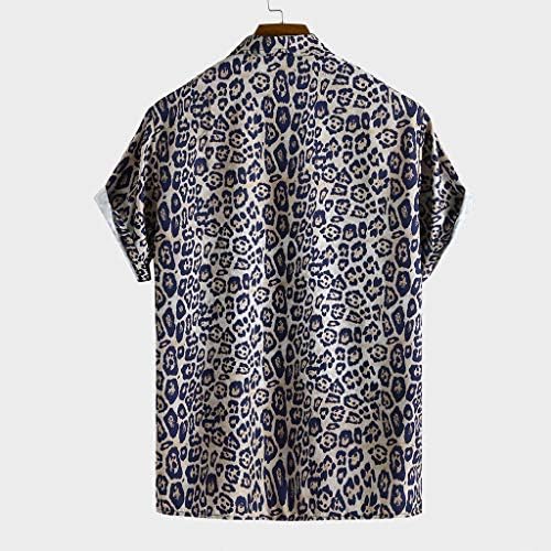 Ssdxy Mens Leopard Печатен џеб на градите, исклучете го јаката краток ракав, обични лабави маици на врвови блуза