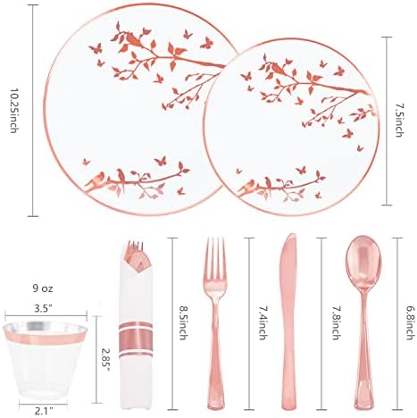 I00000 210PCS розово злато пластични плочи Бела пластична вечера за еднократна употреба за 30 гости вклучуваат 60 плочи, 30 пакувања