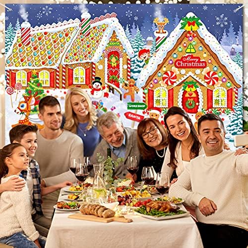 Божиќни ѓумбирски украси за банер, голема куќа од ѓумбир куќа Банер Санта Кенди Фото штанд реквизити позадина Среќна Божиќна празник
