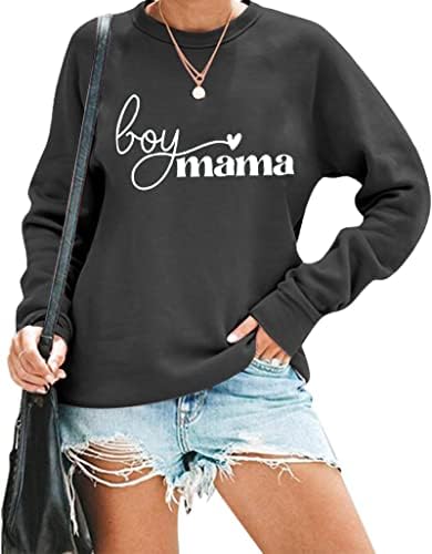 Yiuiere момче мама џемпер за женски букви печати екипаж со долг ракав лабав моден пуловер врвови