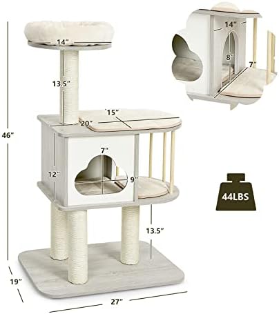 ПЕТСИТ 46 Инчи Дрвена Мачка Дрво Мачка Кула За Внатрешни Мачки, Мулти-Ниво Мала Мачка Куќа Кондо Со Гребење Пост, Платформа &засилувач;