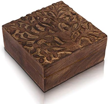 Одличен Роденденски Подарок Рачно Изработена Декоративна Дрвена Кутија За Накит Дрво На Животот Резба Накит Организатор Кутија За Спомен Богатство