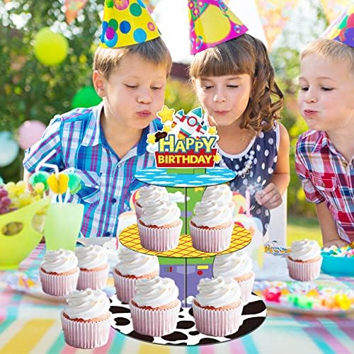 Rthpy 3-Tier Cartoon Story Story Cupcake Stand Cardboard Take Stand Dessert Tower Shower за играчка Тема роденден