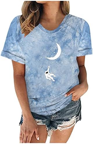 Гроздобер Графички маички од Месечината за жени со кратки ракави, основно мета 2023 летна модна вратоврска боја блуза блуза