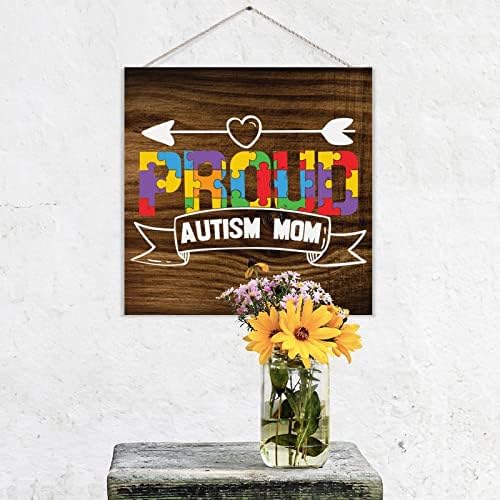 Горд аутизам мама стрела дрво знак за аутизам знак за сложувалка за загатка аутистична поддршка рустикална плакета дома декоративен дрвен знак