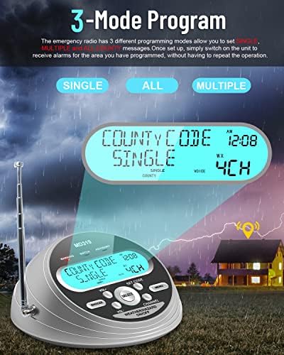 NOAA Time Radio-S.A.M.E. Локализирано програмирање, радио за предупредување за временски услови со 80+ сигнали за итни случаи, аларм часовникот, временско радио NOAA со резервна
