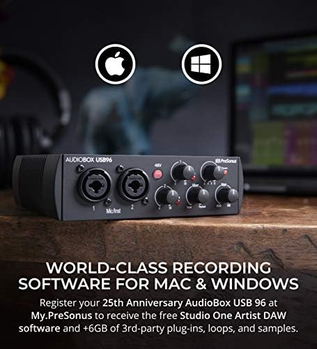 Presonus AudioBox USB 96 25-годишнината издание Аудио интерфејс пакет со засилувач за слушалки со 4-канали Blucoil, динамички микрофони на Samson 2X R21S, 2x SR350 слушалки и USB-A Mini центар