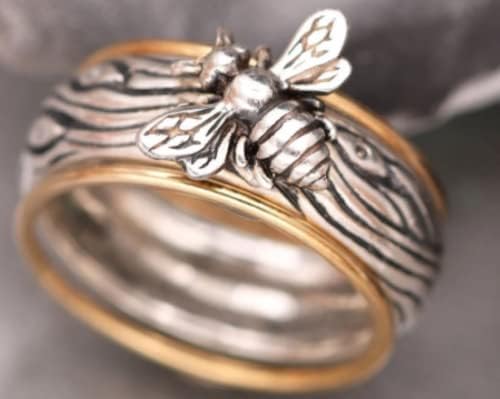 Hukqbunx 925 Стерлинг сребро уникатен дво-бои креативен инсект животно животно три-димензионален облик прстен за мажи и жени свеж мал прстен со големина 6-10
