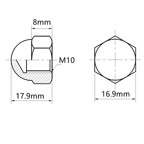 M10 HEX ACORN CAP NUTS LOCKNUT, метрички, 304 не'рѓосувачки челик, обична завршница, 12 парчиња
