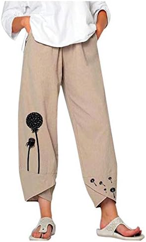 Панталони со широки нозе на iopqo за жени памучни постелнина еластична половината исечени харем панталони хипи панталони џемпери