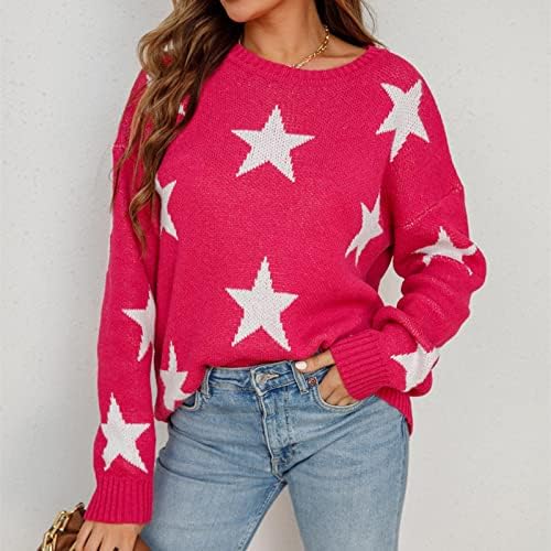 Плус џемпер со големина за жени, џемпер на вратот на екипажот, џемпер со долги ракави плетени кошули starsвезди графички џемпери случајни врвни