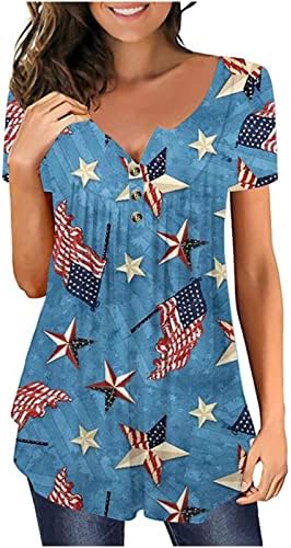 4 -ти јули врвови за жени 2023 година, фустани за секојдневен празник Хенли кошула со плетенка надолу на блуза во САД знаме печатена