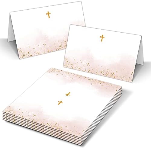 Руменило розови картички за крштевање, картички за табели со злато фолија за прва причест, крштевање, верска прослава и помирување, место картички