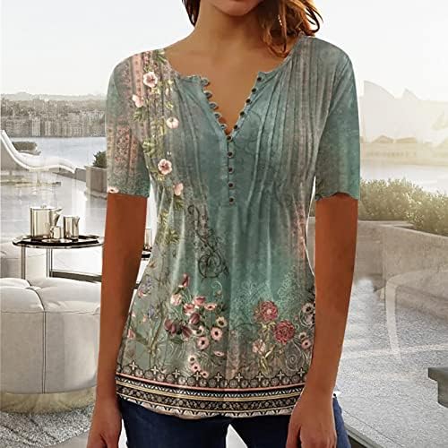 Lcepcy Women's Sime Tummy Tunic Tunic Tops 2023 летни цветни печатени блузи V вратот Кратки ракави Обични лабави кошули за хеланки