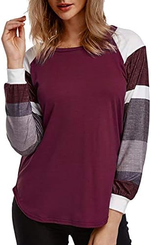 Блуза за жени со долг ракав Кимлог мода жени обични долги ракави О-вратот лента во боја блок маица врвови блуза [Видео игра] [Видео игра]