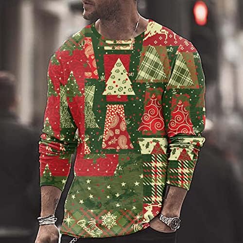 ZDDO Божиќни маици со долг ракав за мажи, XMAS 3D Graphic Santa Claus Print Crewneck Tee Tops Party Sports Sports Tut