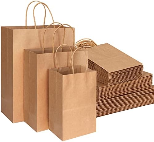 Tomnk 45 парчиња кафеави хартиени кеси со рачки разновидни големини торби за подароци Масовно, торби за хартија Крафт за мал бизнис, торби за купување, торби, торби за з