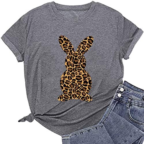 Womenенски велигденски зајаче леопард печати маица обични лабави графички маички о-вратот за кратки ракави маици врвови за одмор