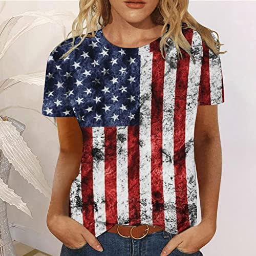 Девојки Обичен Врв 2023 Краток Ракав Памучен Брод Врат Американско Знаме Графичка Дневна Блуза Маица ЗА Жени ОЗ