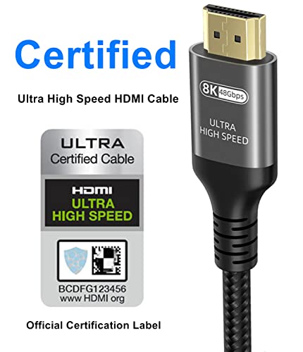10к 8к 4к HDMI Кабел 6.6 FT, Сертифициран 48Gbps 1ms Ултра Голема Брзина HDMI 2.1 Кабел 4k 120Hz 144hz 8k 60Hz 12bit arc eARC DTS: