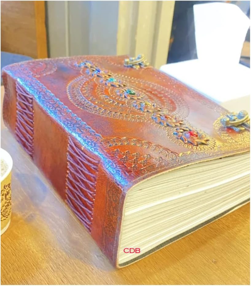 Cure de Bolso 560 страници Голем кожен списание - Седум лаптоп за дневник Чакра со камења Книга на сенки за скици со рачно изработени тетратка за пишување -7х10 инчи, кафеава,
