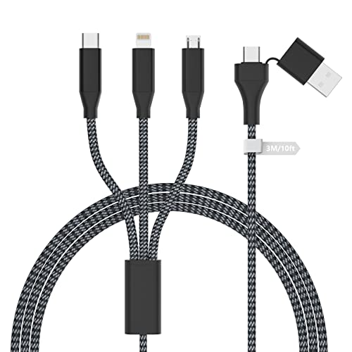 3 во 2 USB C кабел за повеќе полнење, 10FT/3M повеќекратен кабел за брз полнач со молња/тип C/Micro USB порта најлонски плетенка