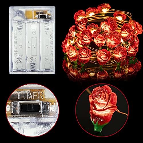 Валентин романтични светла со жица со црвена роза, 30 LED 10 ft цвеќиња од бајки затворен со тајмер, симпатична батерија управувана од свадбата