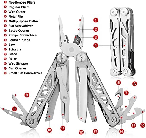 FL Flyhomes Multitool Plier, 16 во 1 мултитул не'рѓосувачки челик со обвивка, мултитул со клешти и ножици со пролетно дејство, совршен