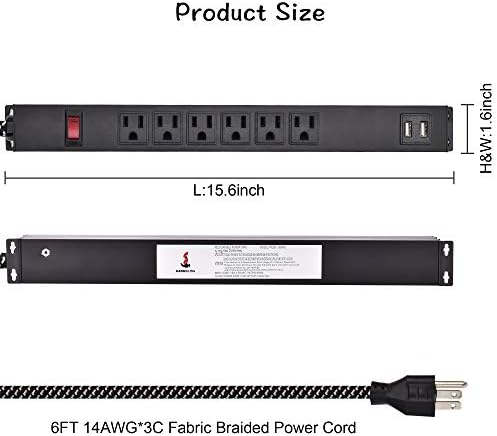Метална лента за напојување со 2 USB пристаништа, 6 продажни места за заштита на пренапони, кабел за продолжување од 6 метри