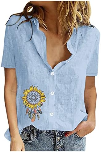 Копче за женски надолу врвови со памучни постелнини, лабава вклопена кратка ракав цветни графички маици за тинејџерски девојки класична пријатна работа блуза