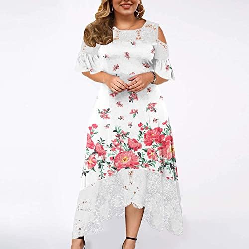 Фустан од чипка за жени со ладно рамо, долги фустани плус големина 2023 лето бохо цветни санки со ракав за замав.
