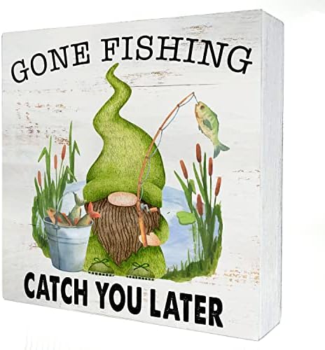 Поминаа риболов дрвена кутија знак дома декор рустикален риболов гном дрвена кутија знак блок плакета за wallидни таблети биро за дома