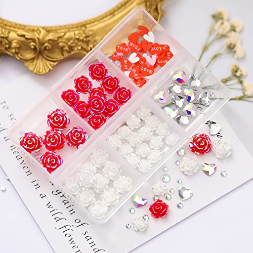 70 парчиња в Valentубени црвени розови нокти привлечни бели цветни нокти уметнички декорација 3Д срце Loveубов нокти rhinestones