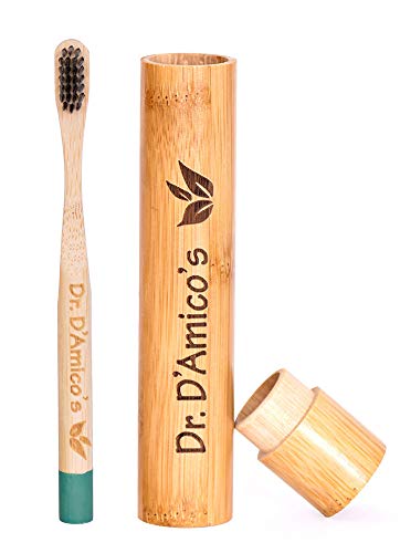 Bamboo четка за заби и комбо за случајот - д -р Д'Амико - Сите природни пластични алтернативи, растителни активирани влакна на јаглен. Веган,